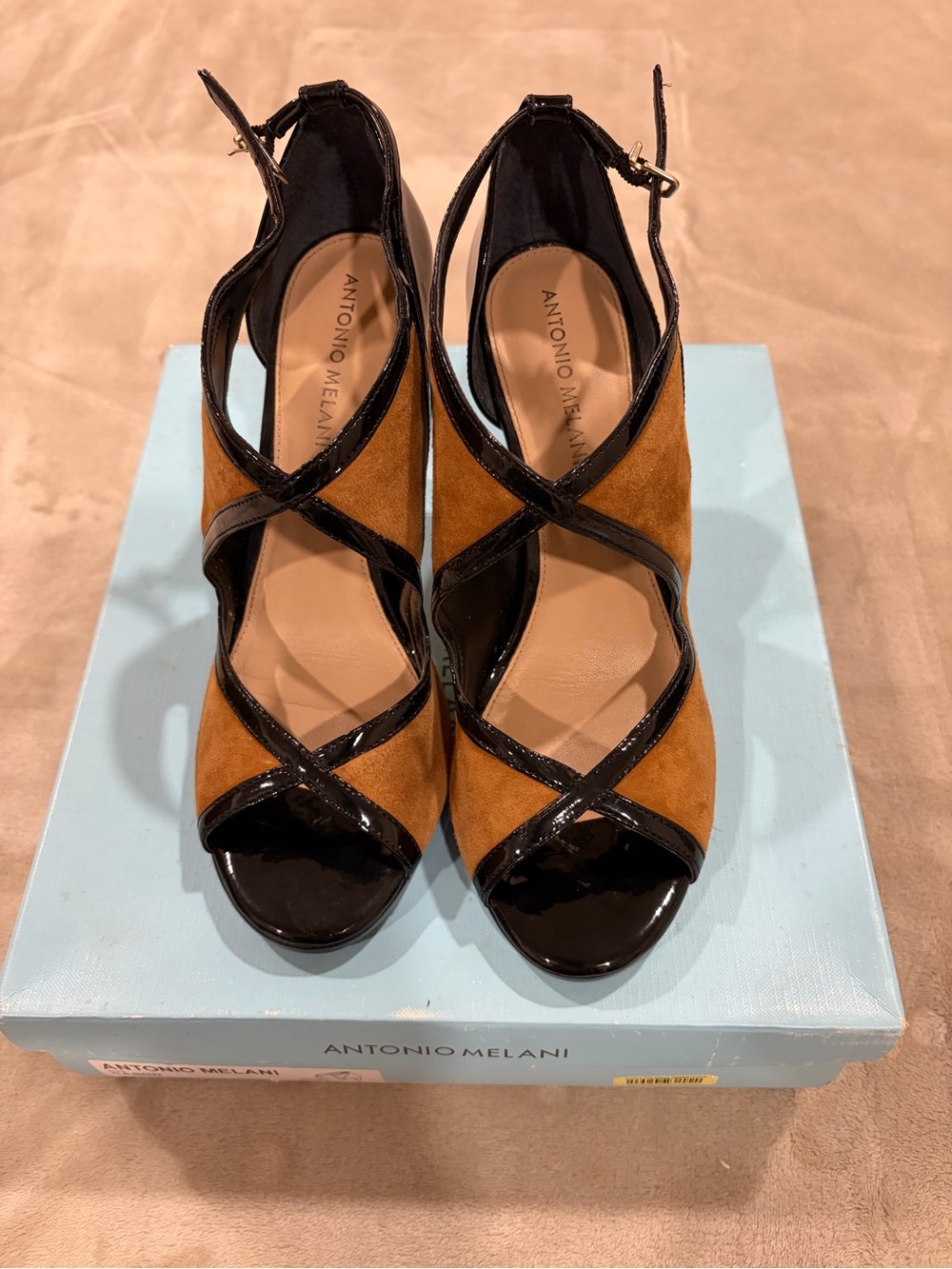 ANTONIO MELANI Black Patent & Brown Suede Crisscross Peep-Toe Heels Womens 8